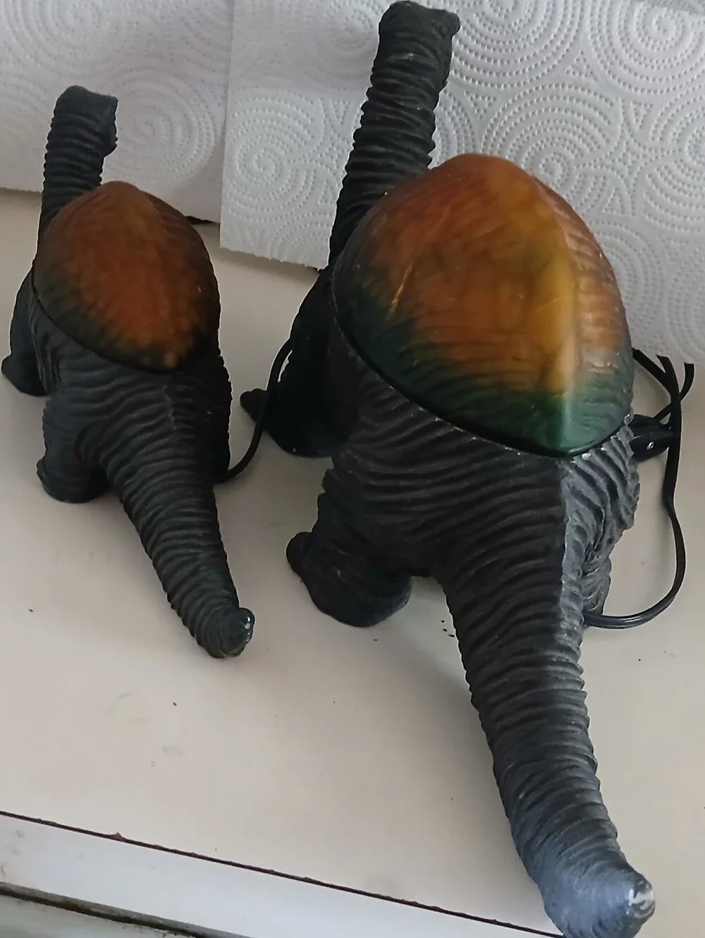 Vintage 1990's Cheyenne Dinosaur Lamps with Amber-Green Glass Shade